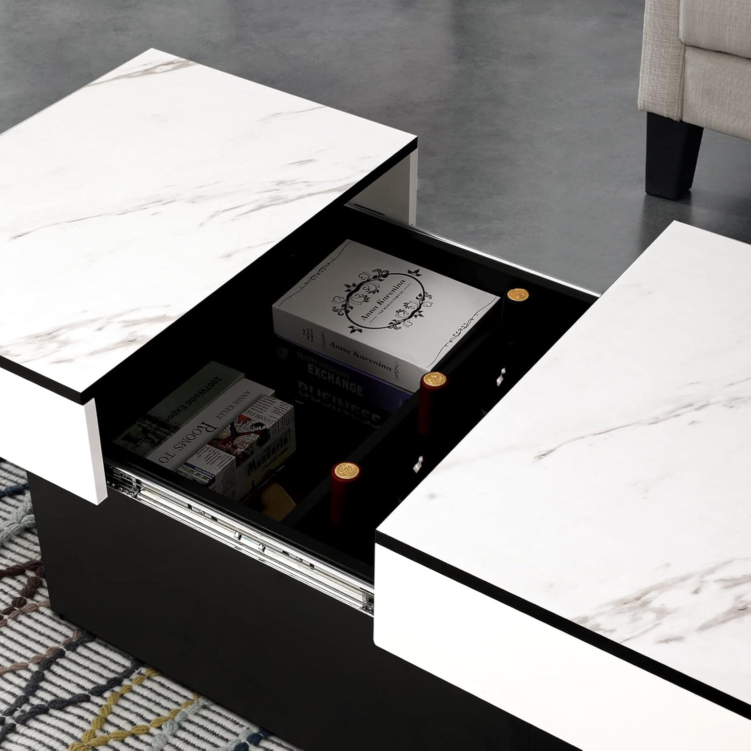 VOWNER Couchtisch, Moderner Couchtisch, Ausziehbarer Schreibtisch, Wohnzimmertisch mit 2 Stauräume, Hochglanz-Finish, 114 x 58 x 40 cm Wohnzimmer Tisch (Weiß Marmorierung)