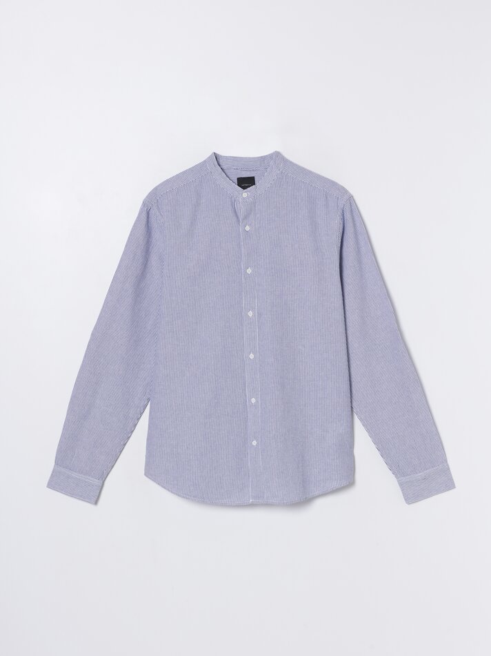 Camisa listrada de algodão e linho - Azul-marinho
