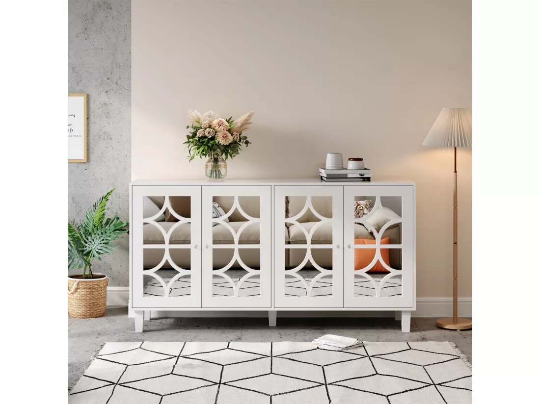 Buffet 160x40x85cm - avec 4 portes, poignées en cristal froid, stratifié mobile - pour salon et salle à manger - Blanc