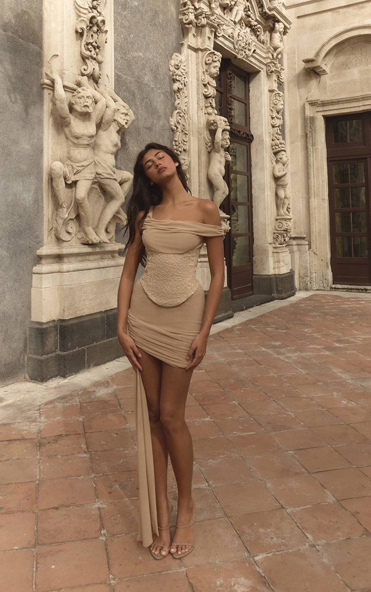 Light Nude Robe Moulante Plt Label À Corsage En Dentelle Et Maille Drapée