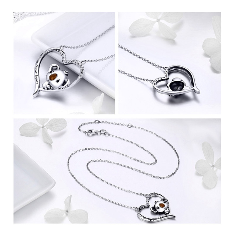 Pendentif Coeur de Koala orné de Cristal de Swarovski Blanc et Argent 925
