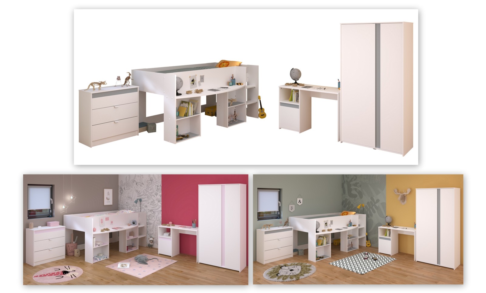 4-teiliges Kinderzimmer PIROUETTE 11 - weiß -rosa oder grau - 90x200 cm