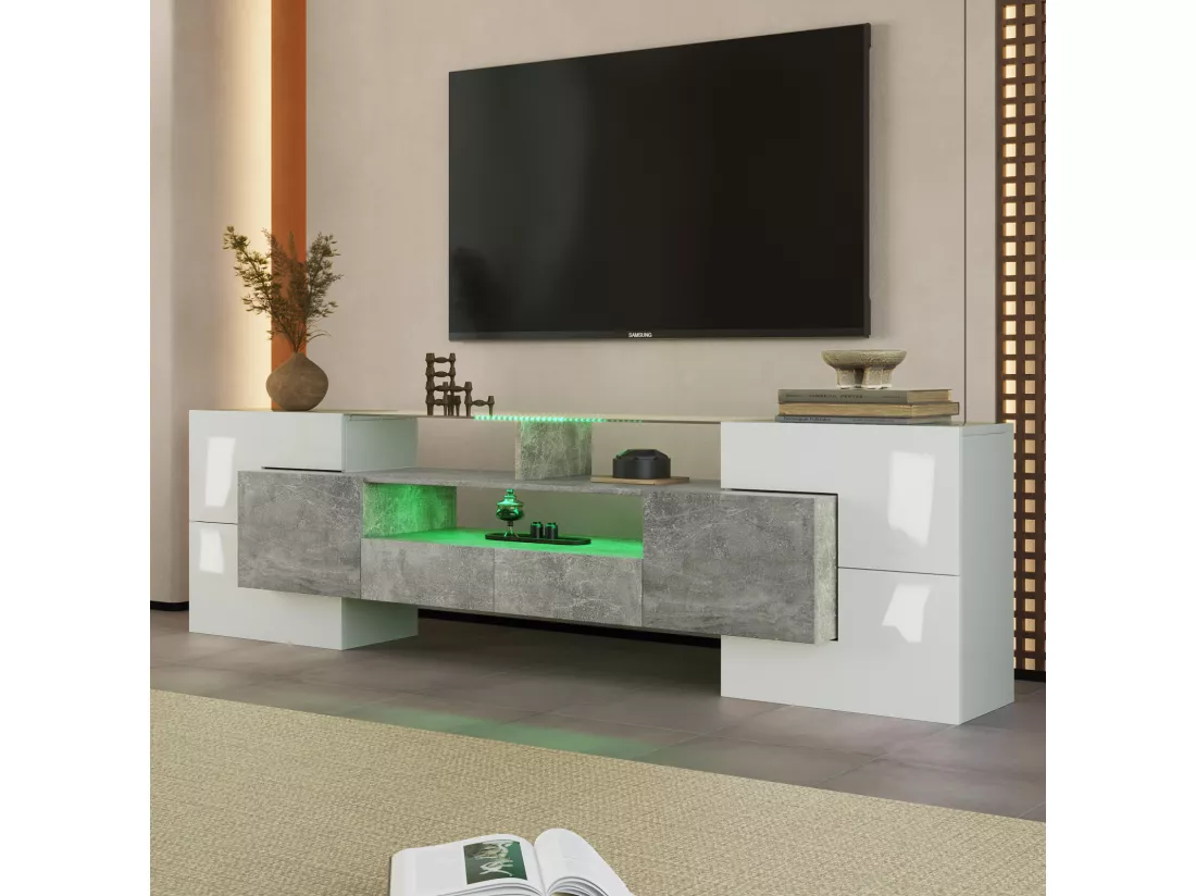 Meuble TV - 200x38x48cm LED brillant blanc et gris - finition verre - 4 portes de rangement 2 tiroirs 3 compartiments - gris