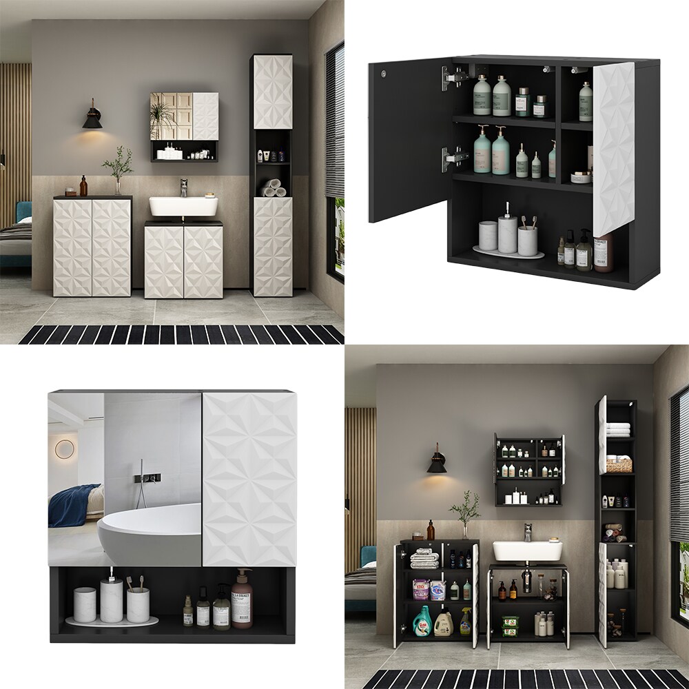 Vicco Spiegelschrank Badspiegel Wandspiegel Edge Schwarz Weiß modern 54x55 cm Badezimmer Schrank Badschrank Badezimmermöbel Badmöbel 2 Türen