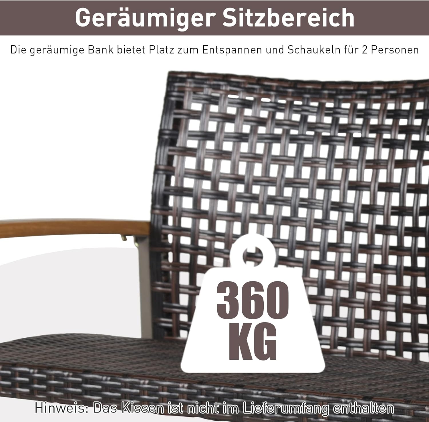 COSTWAY Schaukelbank 2-Sitzer, Hängebank PE-Rattan, Gartenschaukel zum Aufhängen, Hollywoodschaukel mit Akazienholz-Armlehnen, 360 kg Belastbarkeit, Schaukel für Terrasse & Garten & Balkon