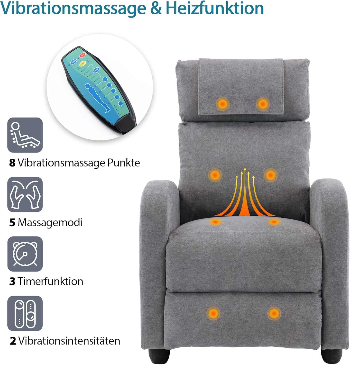 Relaxsessel Ergonomisch Massagefunktion, Einzelsofa Liegefunktion mit Heizung, Lesesessel Fernsehsessel Körper Vibration Sessel, Gesund Loungesessel Polstersessel, 67.5X87X100 cm (Hellgrau)