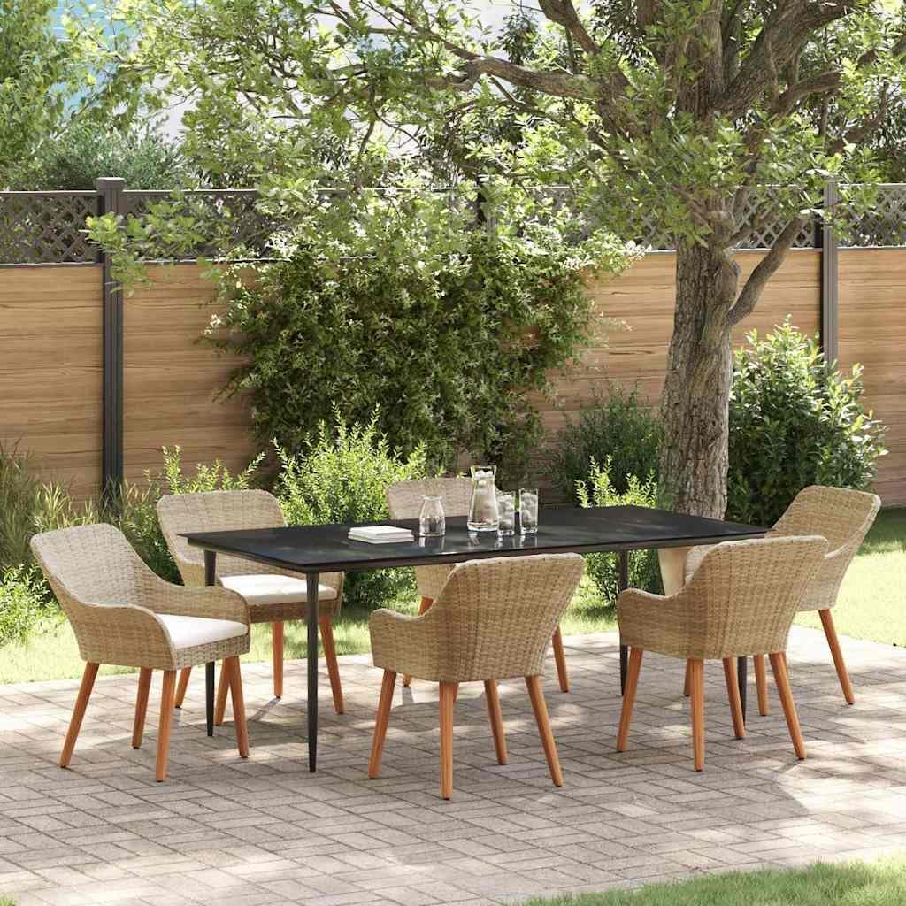 7-TLG Gartenmöbel Set Beige 200x100 cm Poly-Rattan Tisch mit Sicherheitsglas 6 Sitzplätze wetterfest Balkon Terrasse