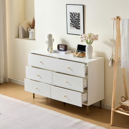 Merax Sideboard mit 6 Schubladen – Moderne Kommode in Weiß für Schlafzimmer, Wohnzimmer & Eingangsbereich – Robuste MDF-Kommode mit Zinklegierung-Griffen und Stahlbeinen