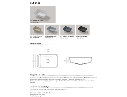 RESIGRES - Vasque à poser, rectangle l47,4*l32,4*h14,8cm, résigrès jav...