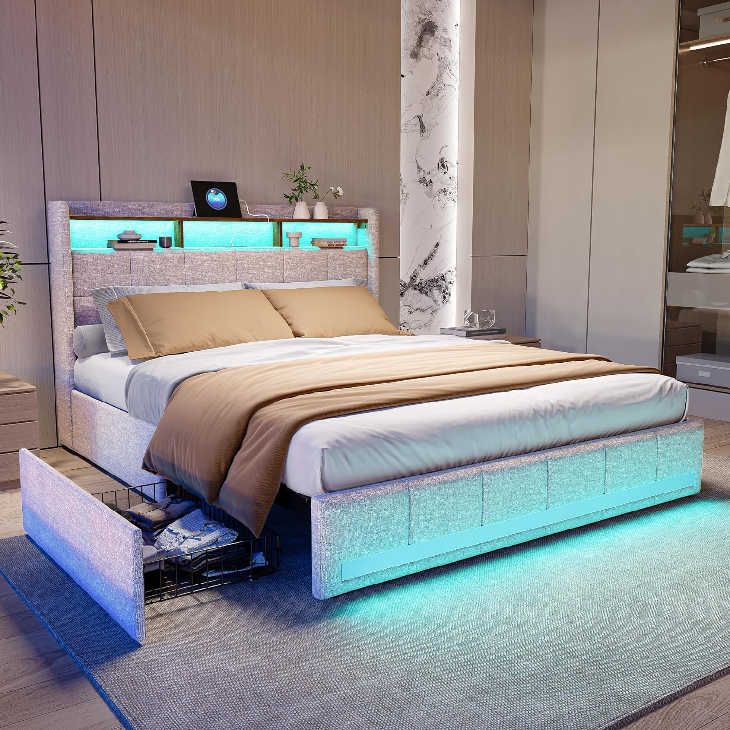 Bett 140x200 mit LED und USB, Polsterbett Doppelbett mit Stauraum-Kopfteil und 4 Schubladen, Stauraumbetten Jugendbett Bettgestell mit Lattenrost, Leinen in Beige, Ohne Matratze