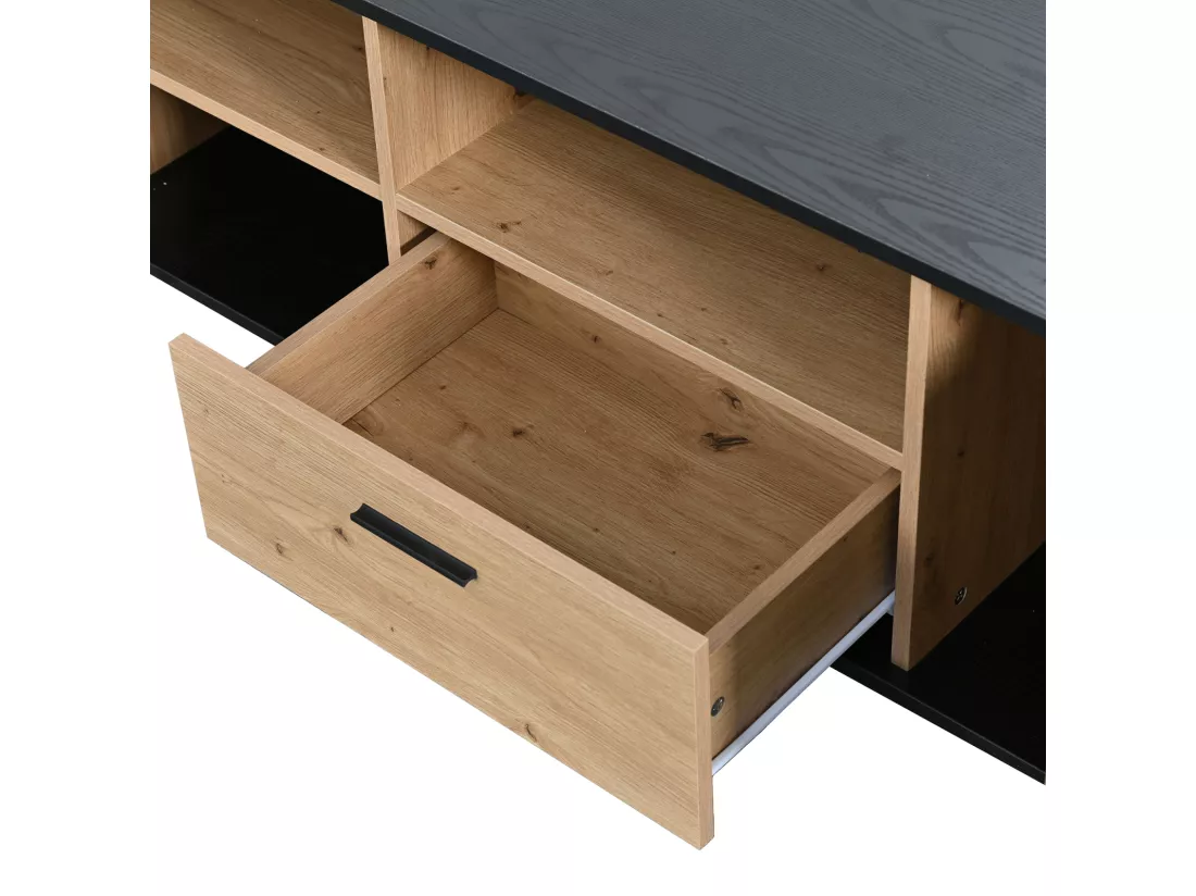 Meuble TV LED 15 lampes - TV-Board avec 1 tiroir + 3 portes + 2 compartiments plaque de toit noir - naturel 180x40x45cm