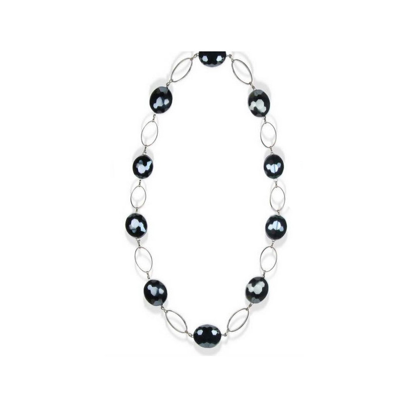Long Collier Femme en Cristal Noir et Plaque Argent