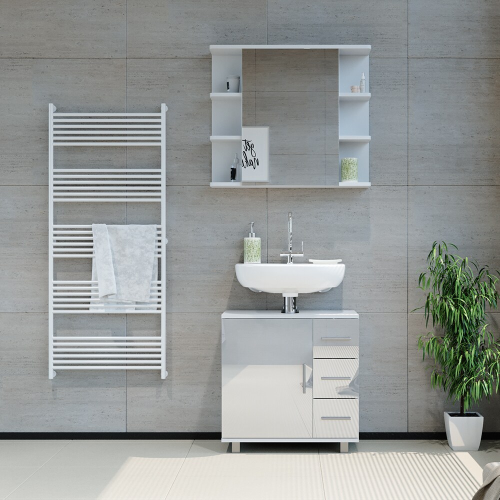 Vicco Waschtischunterschrank Waschbeckenunterschrank Badschrank Elias Weiß Hochglanz modern 60x61cm Badezimmer Schrank Badmöbel Schranktür Schrankschublade Aufbewahrung