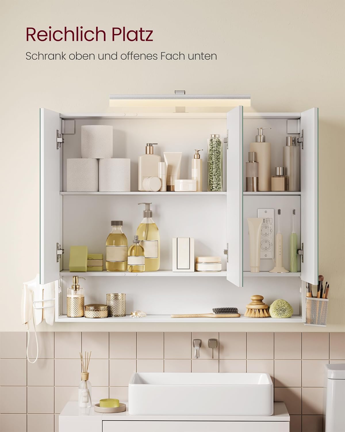 VASAGLE Spiegelschrank Bad mit Beleuchtung, 16,5 x 90 x 75 cm, Steckdosen, Hängekorb, Haartrockner-Halter, Spiegelschrank, Badschrank, Wandschrank, für Badezimmer, wolkenweiß BBK136W01