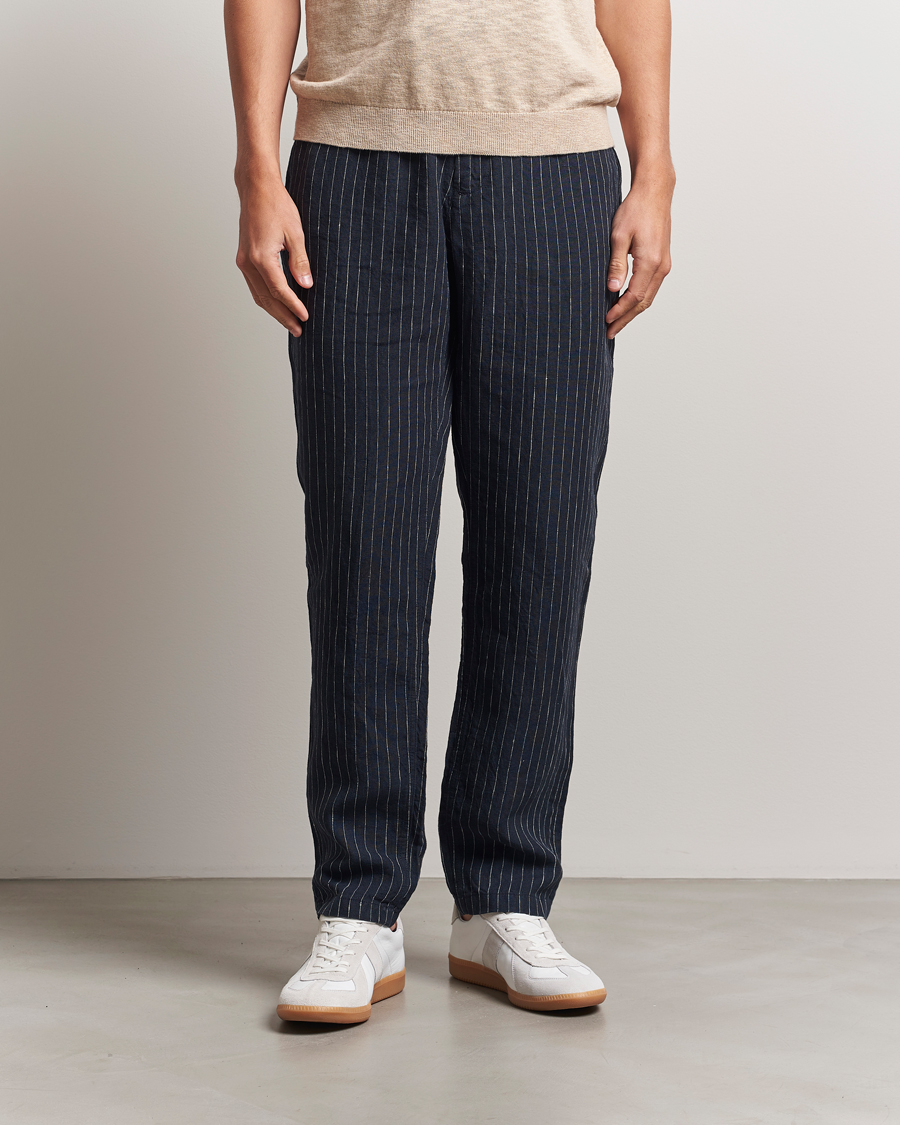 GANT Relaxed Fit Linen Pinstriped Trousers Darkened Navy