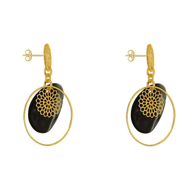 Boucles d'Oreilles Clous Métal Doré Cercle et Pastille de Nacre