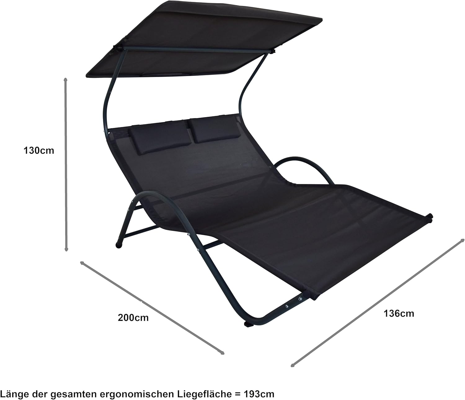 Gardissimo Doppel-Sonnenliege Style, Doppelliege mit Sonnendach und Kopfkissen, für 2 Personen Relaxliege Gartenliege anthrazit