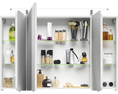 3-delige badkamermeubelset Pelipal xpressline 4005 BxHxD 120 x 200 x 49,1 cm, fronten hoogglans wit, met witte glazen wastafel en glazen wastafelmeubel, wastafelkast, spiegelkast met LED-verlichting, verchroomde grepen, 992.1200111 9921200111