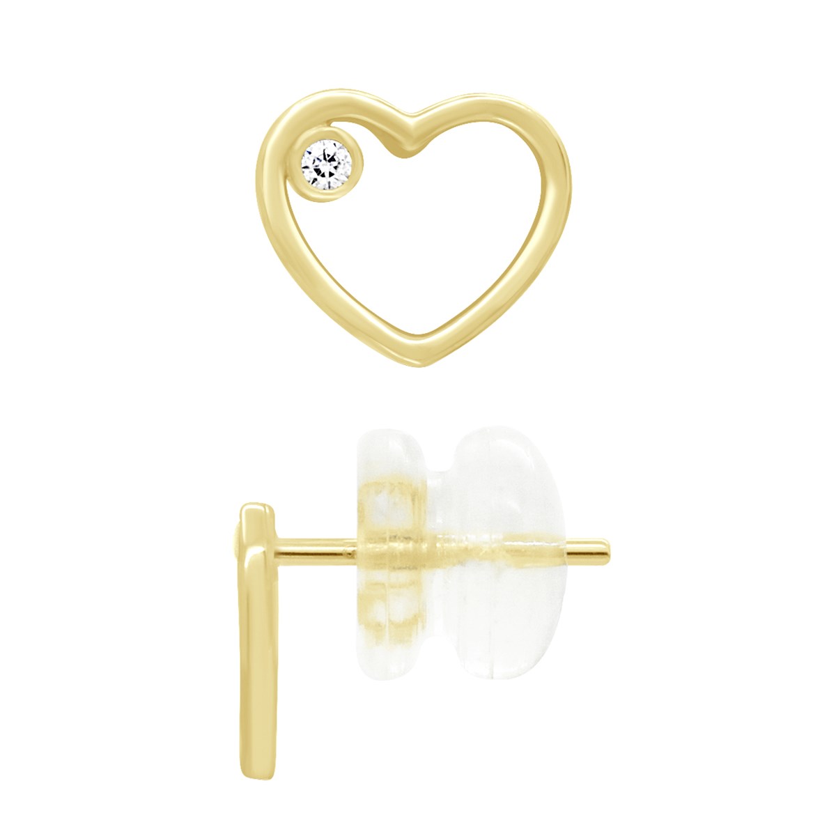 Boucles d'Oreilles - Coeur Ornées de Deux Oxydes de Zirconiums - Or Jaune