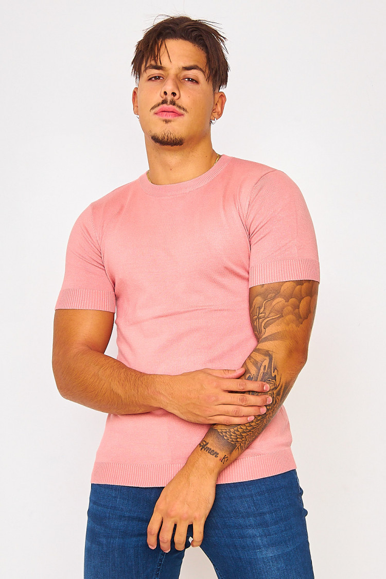 T-shirt rose côtelé manches courtes