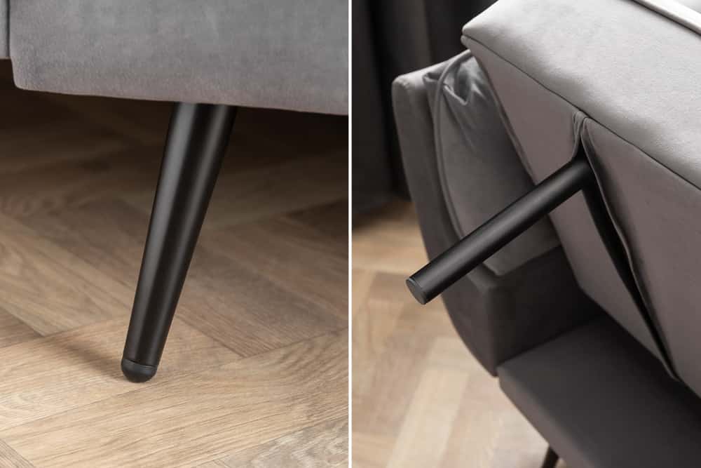 Retro Schlafsofa BOUTIQUE 215cm grau Samt 3-Sitzer mit schwarzen Füßen
