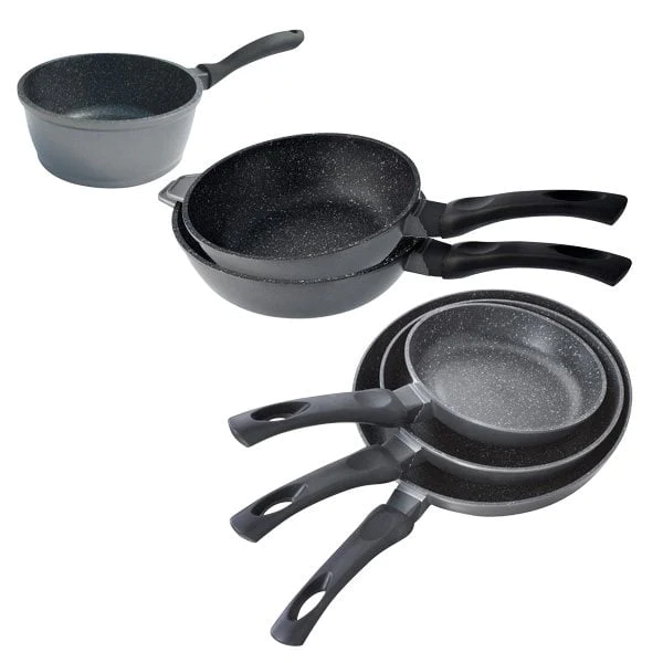 Batterie revêtement Dur comme la pierre 1 casserole, 3 poêles et 2 sau