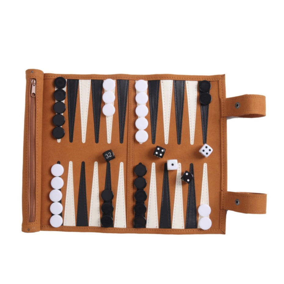(33x25cm) Leder Backgammon Spiel Aufrollbares Reise Strategiespiel inkl. Spielchips / Würfel - Braun