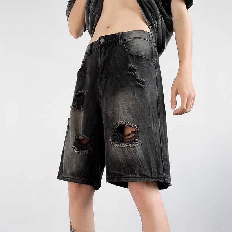 Fushet - Mid Rise Washed Distressed Denim Wijde Pijpen Jorts