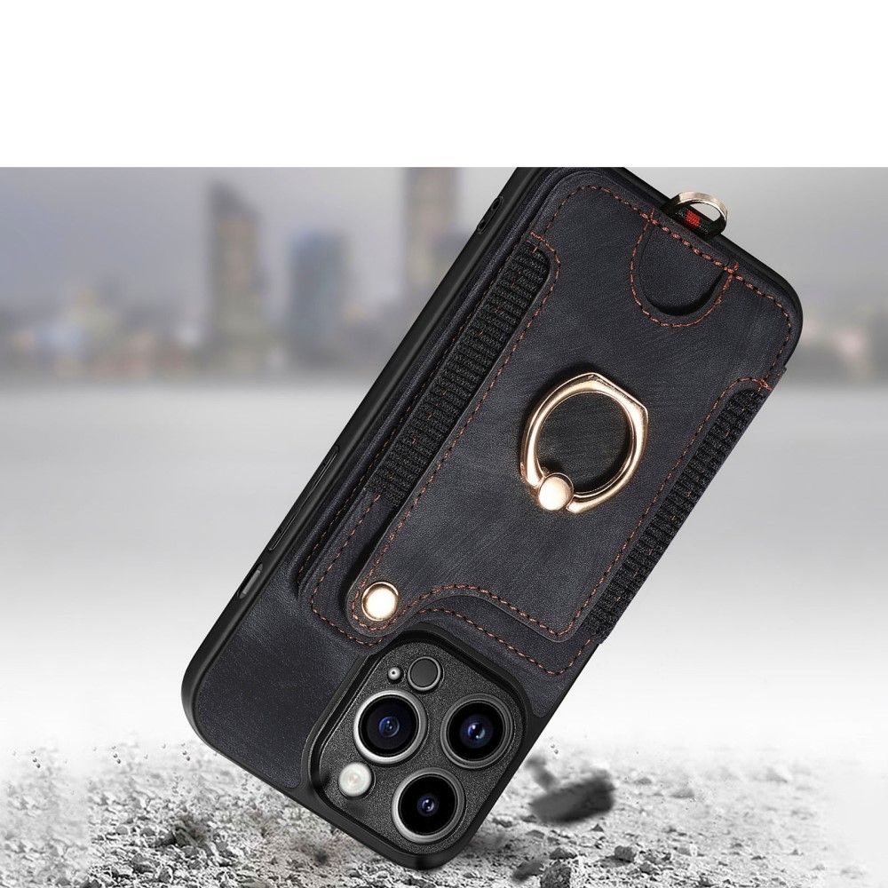 iPhone 14 Pro Max Necklace Leder Hülle mit Kartenfächer   Finger Griff Halterung   Handykette (RFID Schutz) - Schwarz