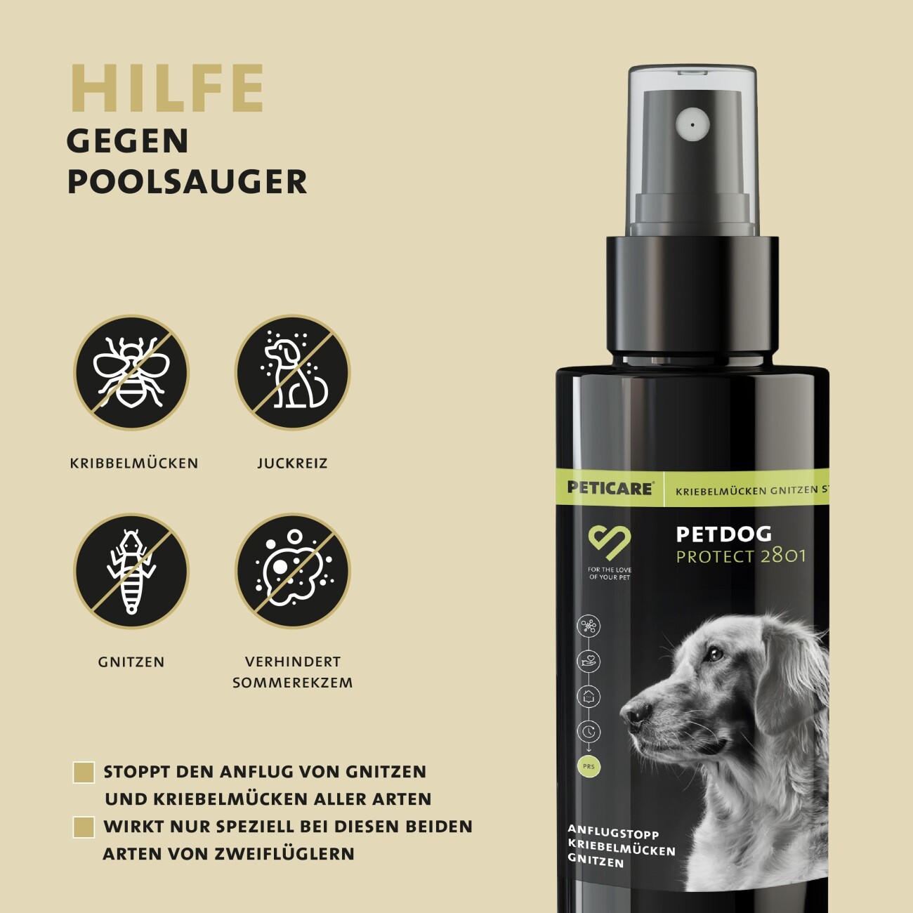 Peticare Anti-Kriebelmücken Gnitzen Spray für Hunde, Sommerekzem vorbeugen 100 ml