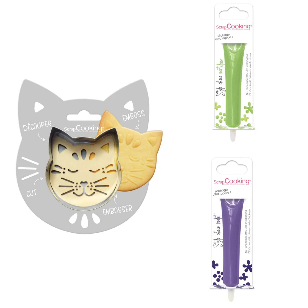 Kit pour biscuit en relief Chat + 2 Stylos au chocolat vert clair et v