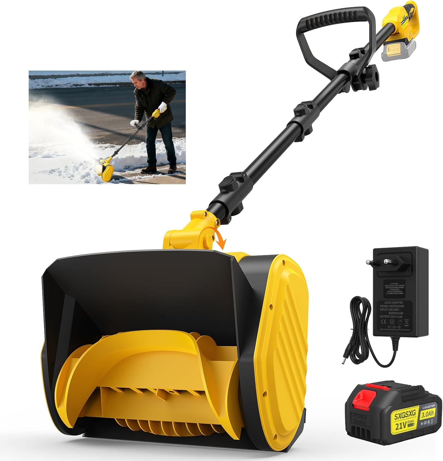 Schneefräse Akku Elektrische Schneefräse mit Akku und Ladegerät Arbeitsbreite 28cm, Schneehöhe 15cm, Auswurfweite 8m & Auswurfhöhe 1,6m,120° verstellbarem Auswurfkanal, Schneefräsen (Gelb)