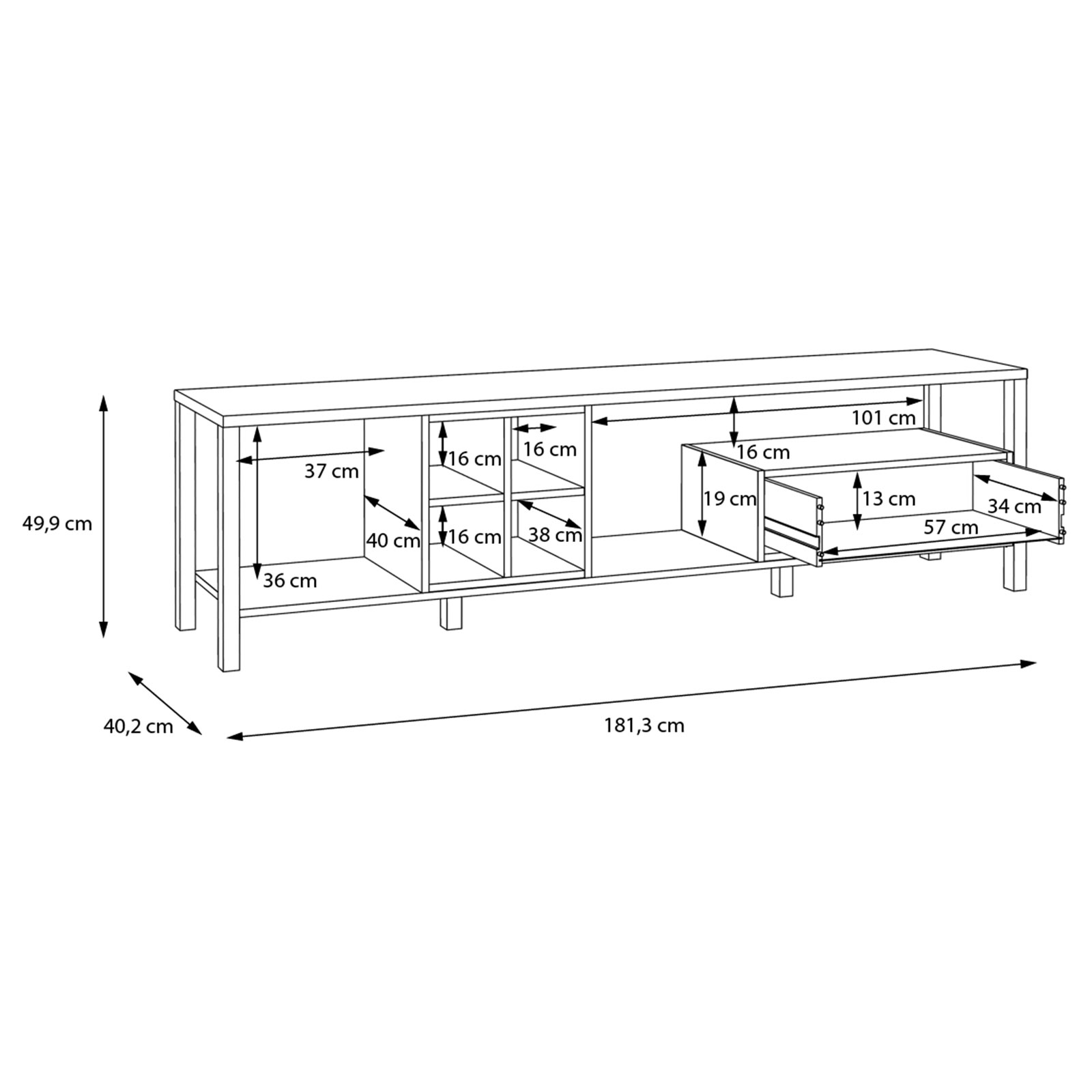 TV-Unterschrank - Riviera Eiche - schwarz - 181 cm breit