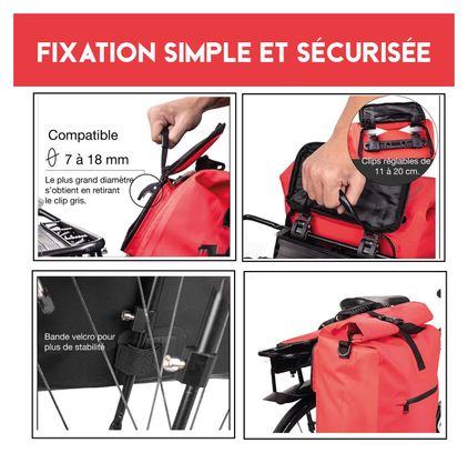 BADAWIN SAC DE VELO 4. EN 1 - SAC À DOS / SACOCHE DE PORTE-BAGAGES / SAC BANDOULIÈRE / SAC À PORTER À LA MAIN 25L ALI ROUGE