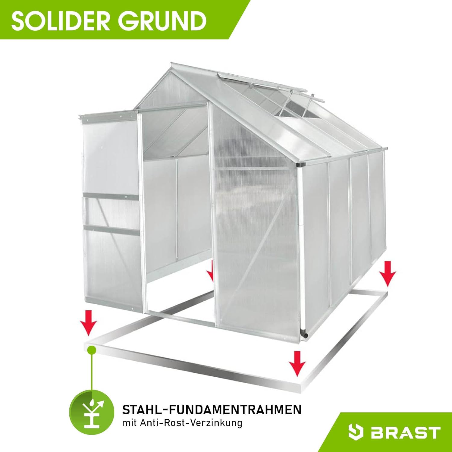 BRAST Gewächshaus Aluminium mit Fundament | 42 Modelle | 130x190x195cm - 490x250x235cm | TÜV geprüft | 6mm Hohlkammerplatten | rostfrei wetterfest temperaturbeständig | 250x190x195cm Silber