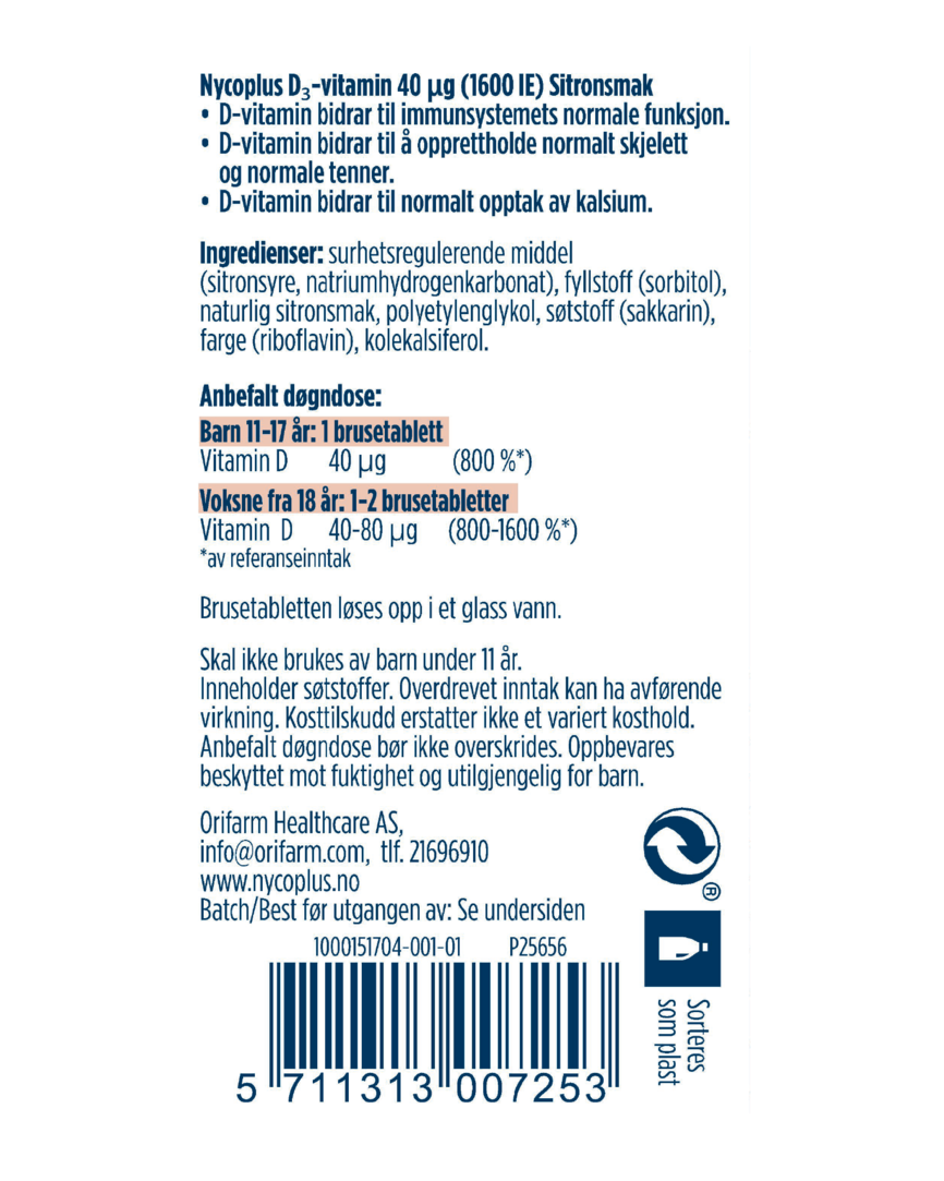 Nycoplus D3-vitamin 40 mg brusetabletter sitronsmak 20 stk