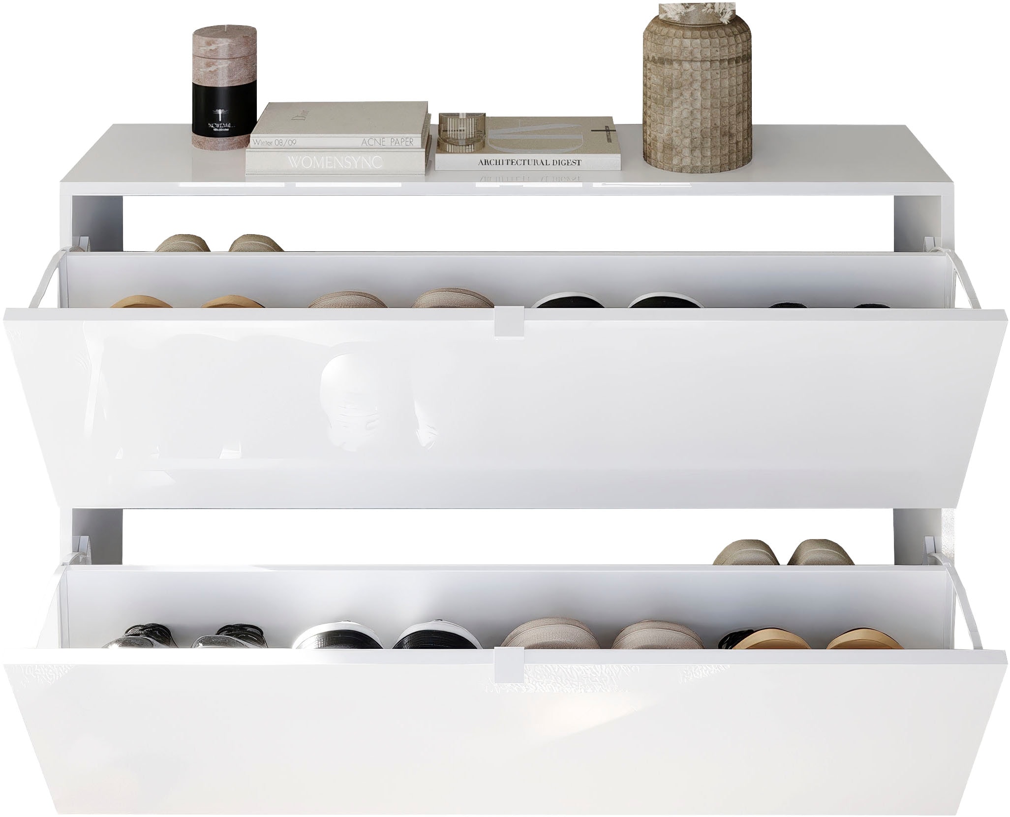 INOSIGN Schuhschrank »SMILE Breite 104 cm, 2 Klappen, komplett Weiss Hochglanz lackiert,« Schuhkipper hängend o. stehend montierbar, 4 Fächer, Metallgriffe