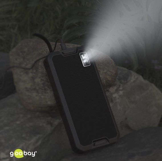 (18W) Spritzwasserfeste Outdoor Solar Powerbank 20000mAh (2A) mit LED Anzeige und Taschenlampe (53934) - Schwarz