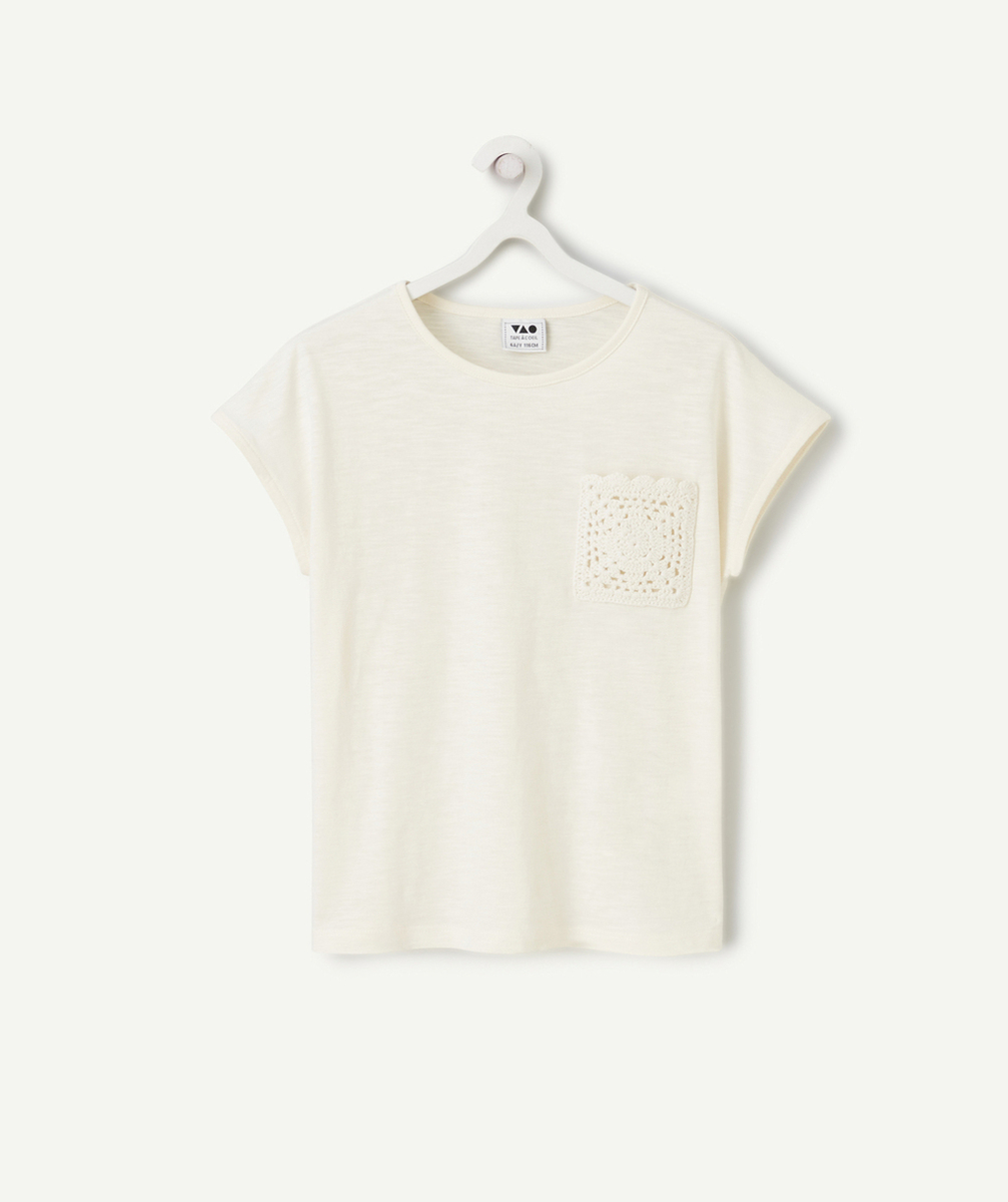 T-SHIRT FILLE EN COTON BIO ÉCRU AVEC POCHE EN CROCHET