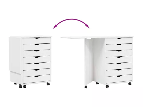 Armoire roulante avec bureau MOSS blanc bois de pin solide