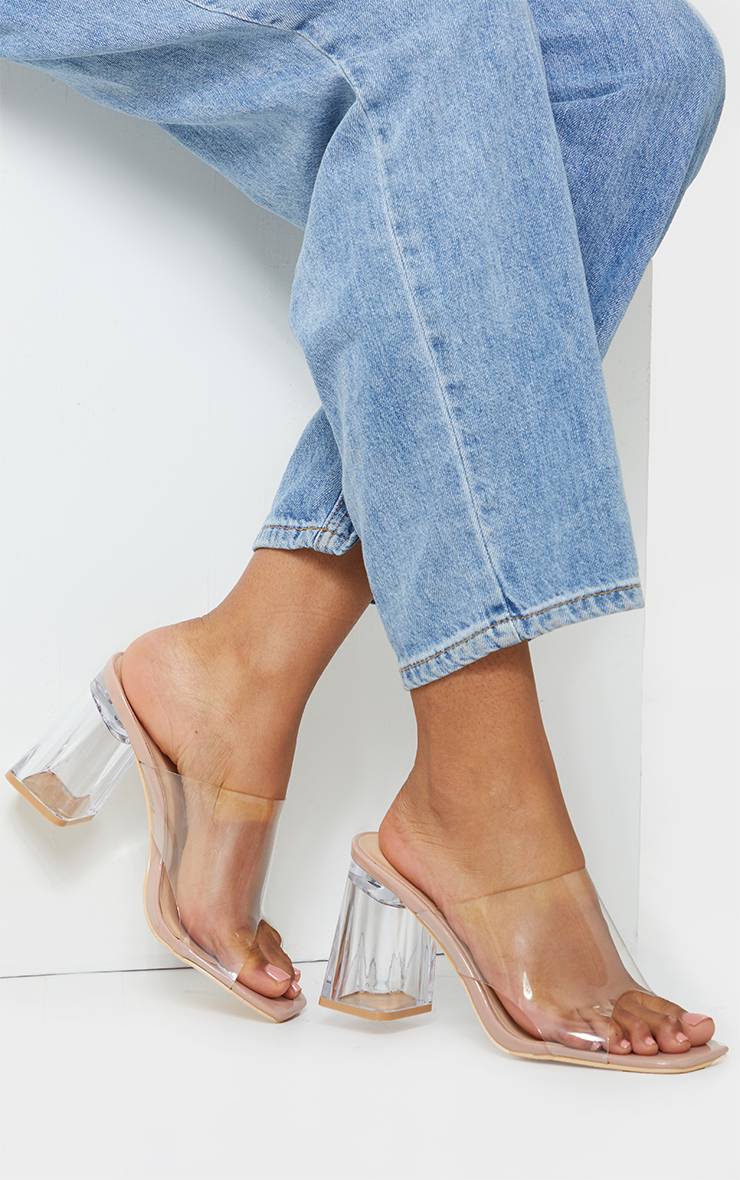 Nude Mules À Talon Bloc Évasé Transparent Coupe Large