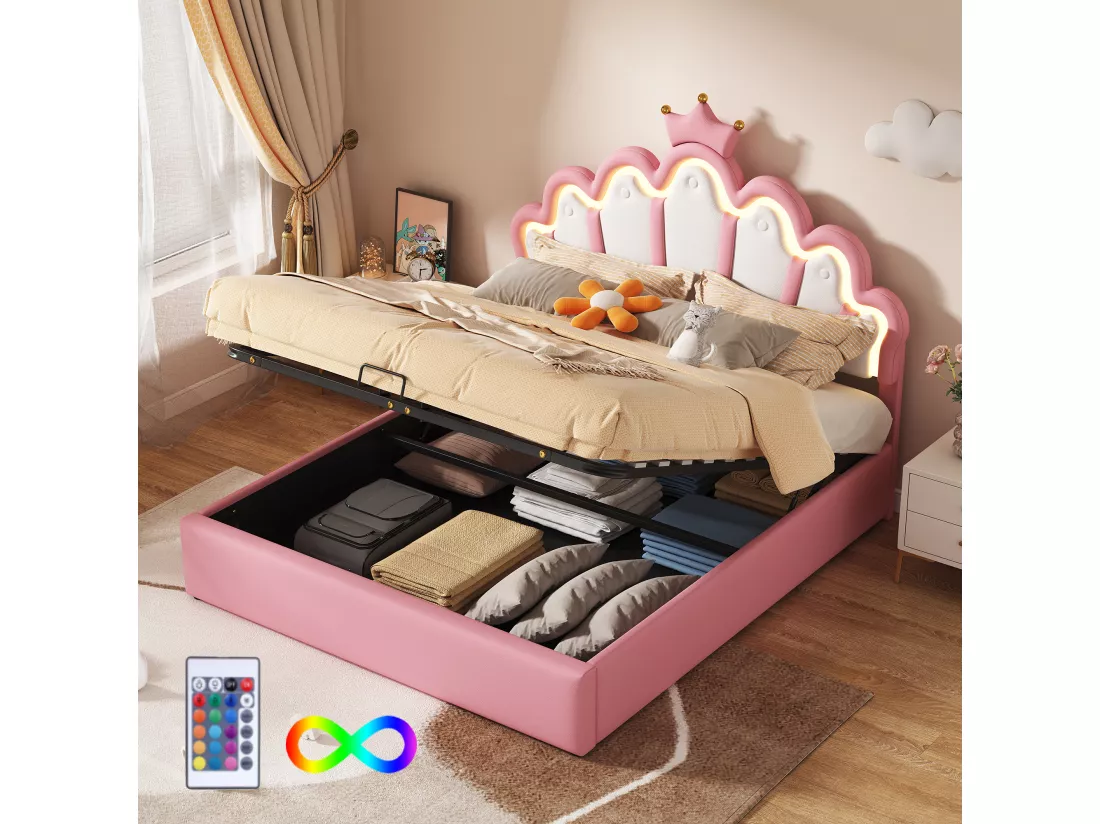 Lit coffre 140 x 200 cm en forme couronne - lit princesse - cuir PU - LEDs - Rose