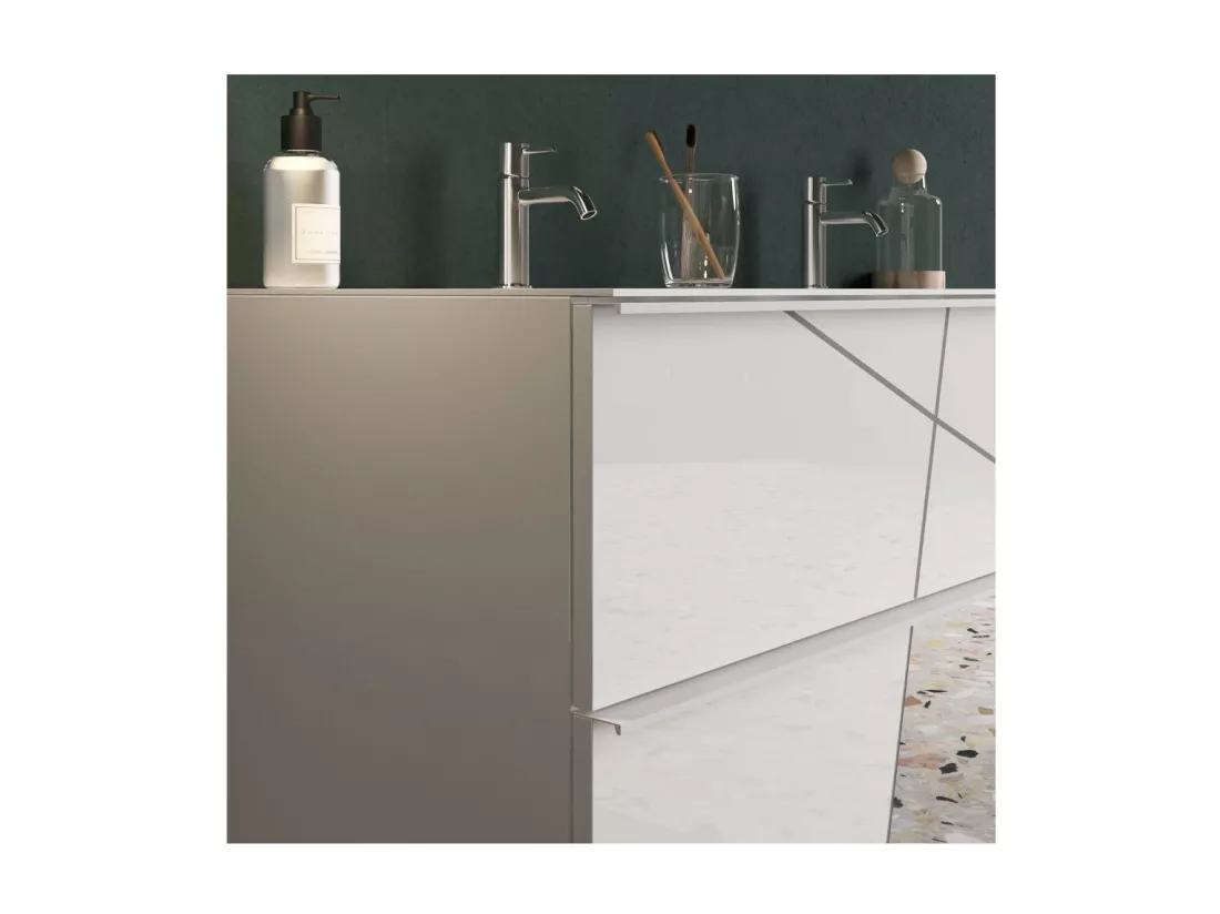 Meuble de salle de bain suspendu avec deux vasques et 2 tiroirs, collection VITARIO. Coloris blanc brillant