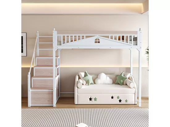 Lit mezzanine en métal 90x200 avec clôture sécurité à boule design fenêtre échelle de grimpe avec casiers bois interchangeable gauche droite gain de place