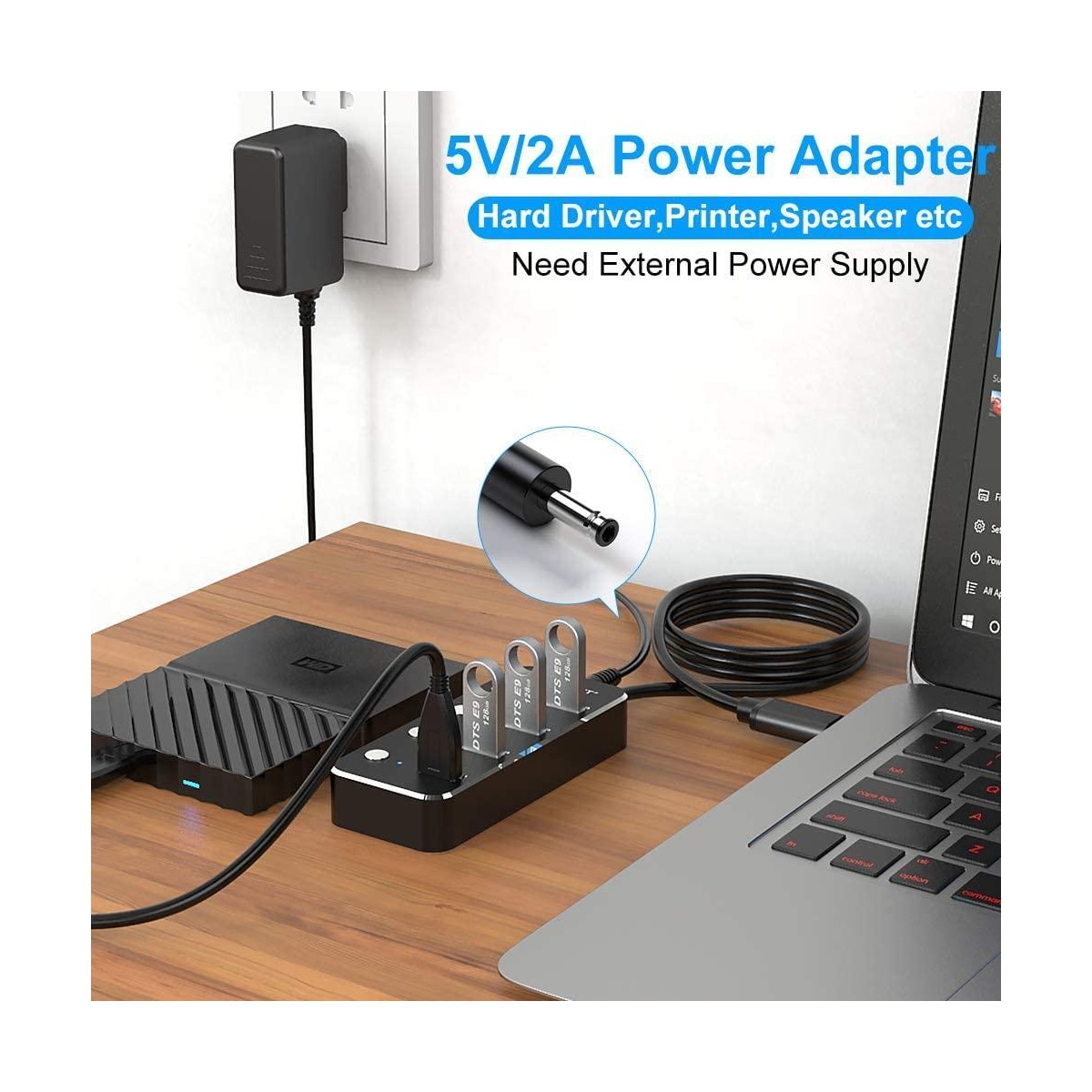 NÖRDIC drevet 4-ports hub USB-C 3.0 5Gbps med individuell bryter 25 cm kabel aluminium svart med strømforsyning