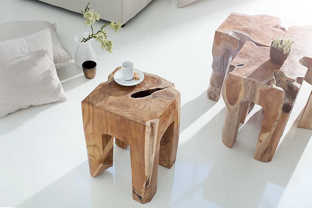 Massivholz Beistelltisch MOLAR 30cm Hocker Teak Block aus einem Stück gefertigt