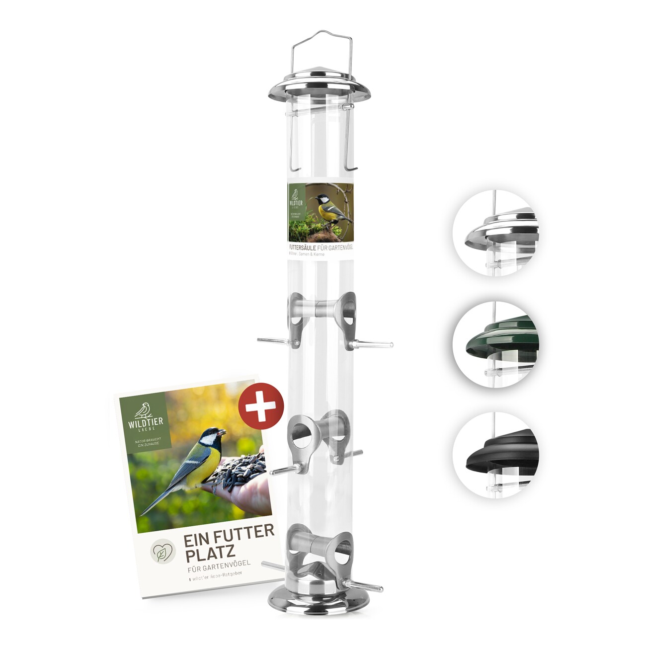 wildtier liebe Futtersäule für Samen, Körner & Kerne 52cm, Silber