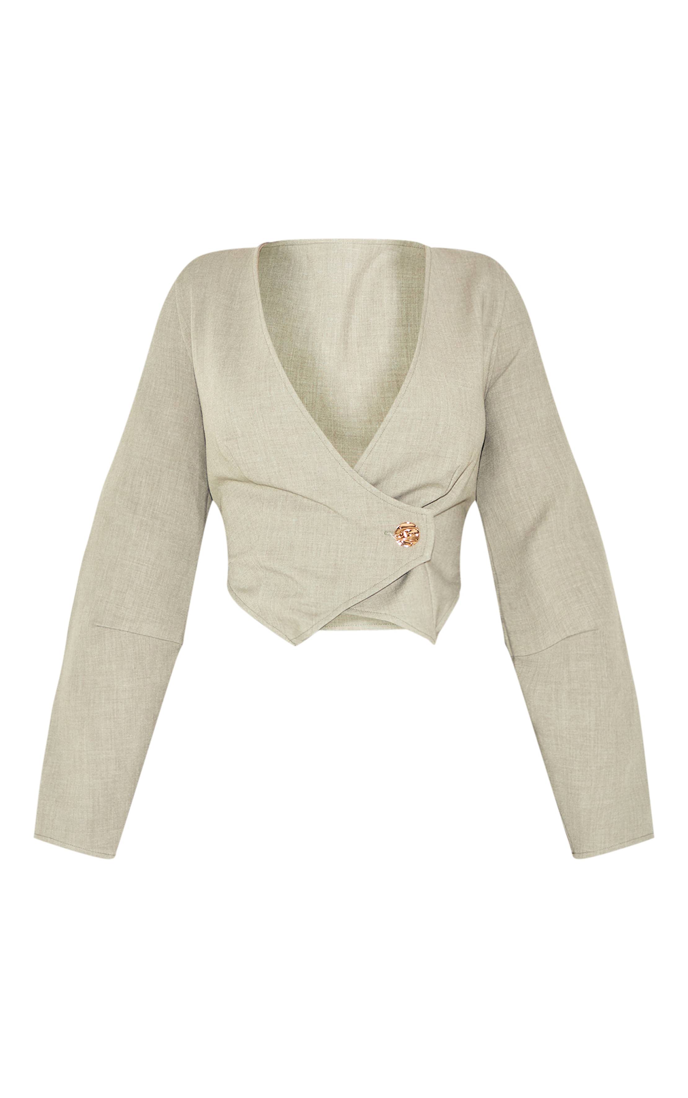 Vert Sauge Blazer Shape Asymétrique En Tissu Tissé Avec Boutons Martelés
