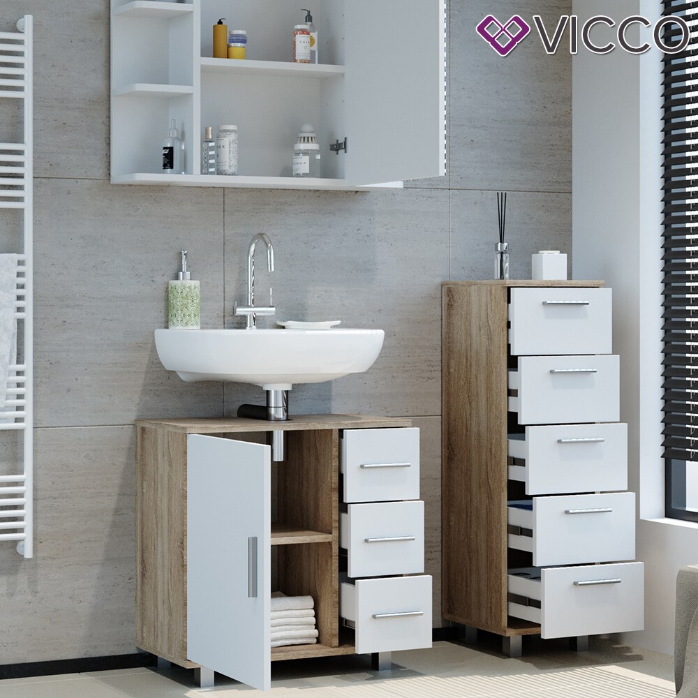VICCO Badmöbel Set ILIAS Weiß Eiche Bad Spiegel Kommode Unterschrank Badschrank