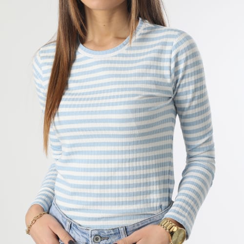 Tee Shirt Manches Longues Femme A Rayures Fransiska Bleu Clair Blanc